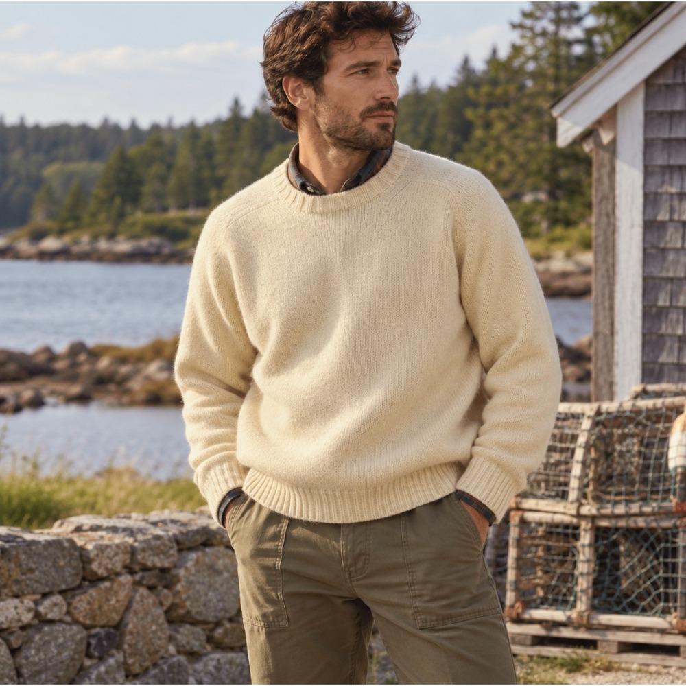 Lands End Vintage Mens XL Shetland Wool Sweater Cream Crewneck Fisherman Preppy